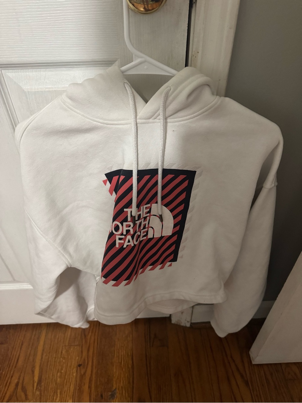 The North Face White Hoodie Crop Top with Pink & Black Writing